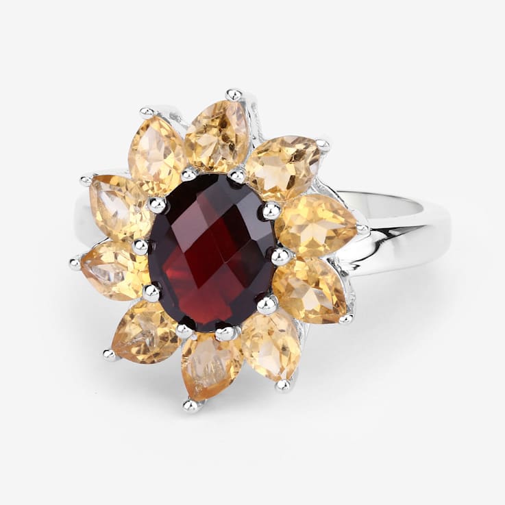 Red Garnet and Yellow Citrine Rhodium Over Sterling Silver Oval Floral
Cocktail Ring 5.5ctw