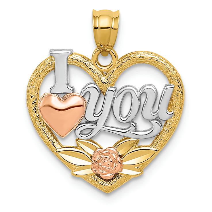 14k Tri-color Gold Textured I Love You Heart Pendant