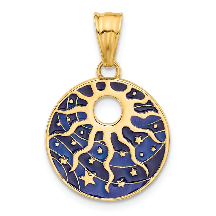 14k Yellow Gold Polished Blue Enameled Sun and Stars Pendant