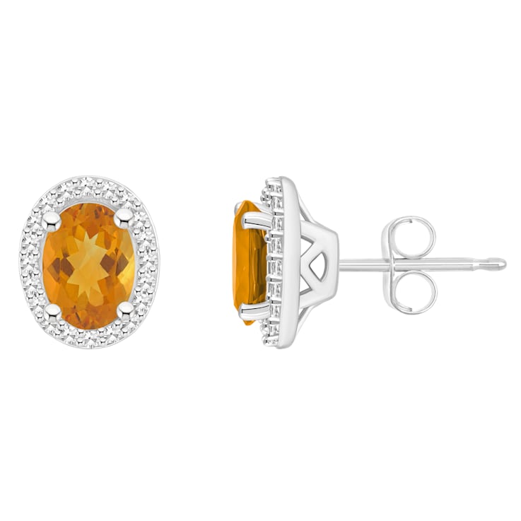 7x5mm Oval Citrine 1/5 ctw Diamond Rhodium Over Sterling Silver Halo
Stud Earrings