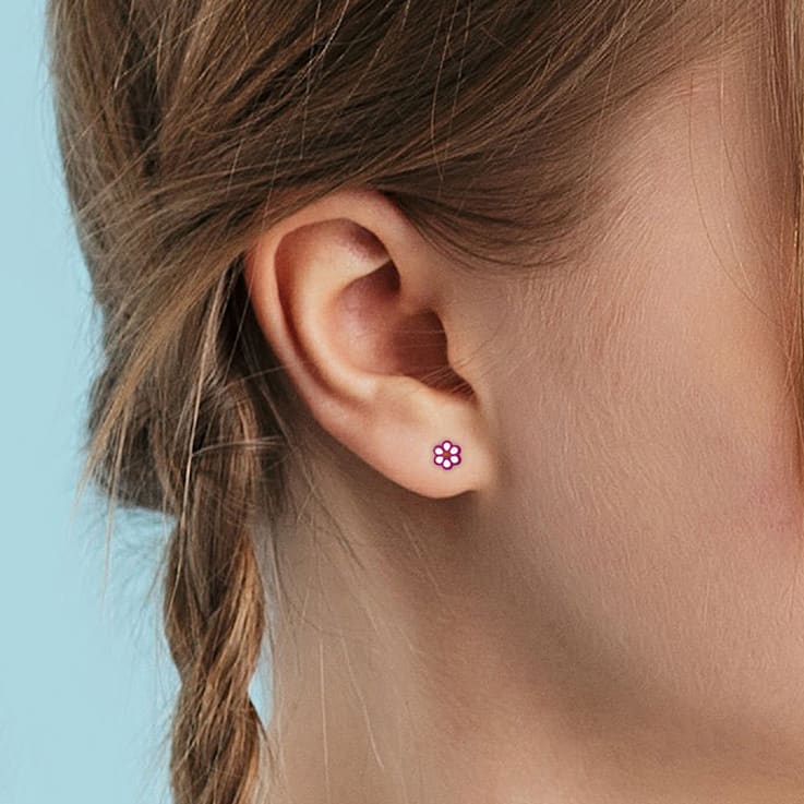 Children's Pink Enamel Flower Stud Earrings in Sterling Silver
