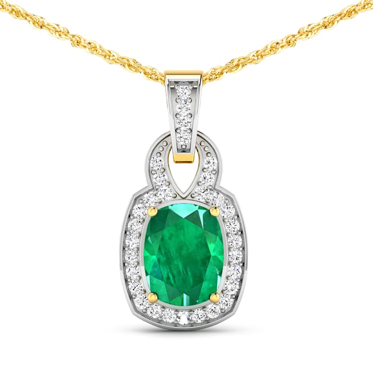 1.74ctw 14K Yellow Gold Zambian Emerald and White Diamond Pendant with
18 inch Cable Chain
