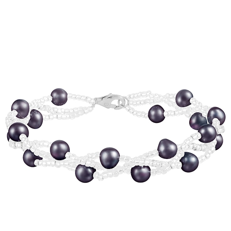6-7mm Black Cultured Freshwater Pearl Silver  Bracelet