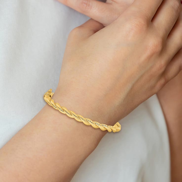 14K Yellow Gold Polished and Textured Twisted Hinged Bangle