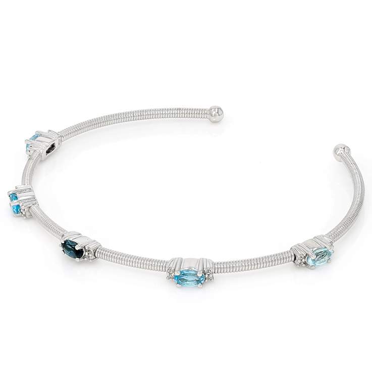 Multi-Blue Topaz And White Zircon Cuff Bracelet In Sterling Silver 1.33ctw