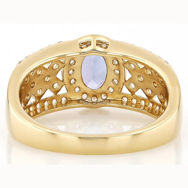 Tanzanite Oval And White Zircon Ring In 18K Gold Over Sterling Silver 1.37ctw