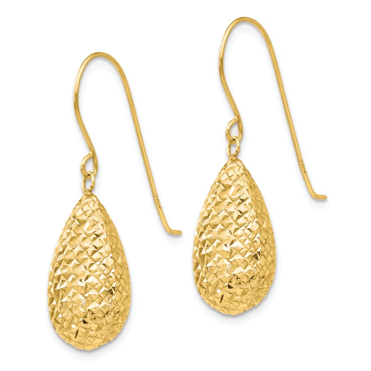 14K Yellow Gold Textured Puffed Teardrop Dangle Earrings