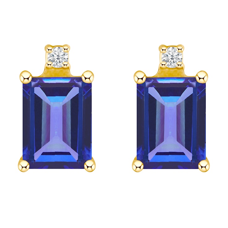 6x4mm Emerald Cut Tanzanite with Diamond Accents 14k Yellow Gold Stud Earrings