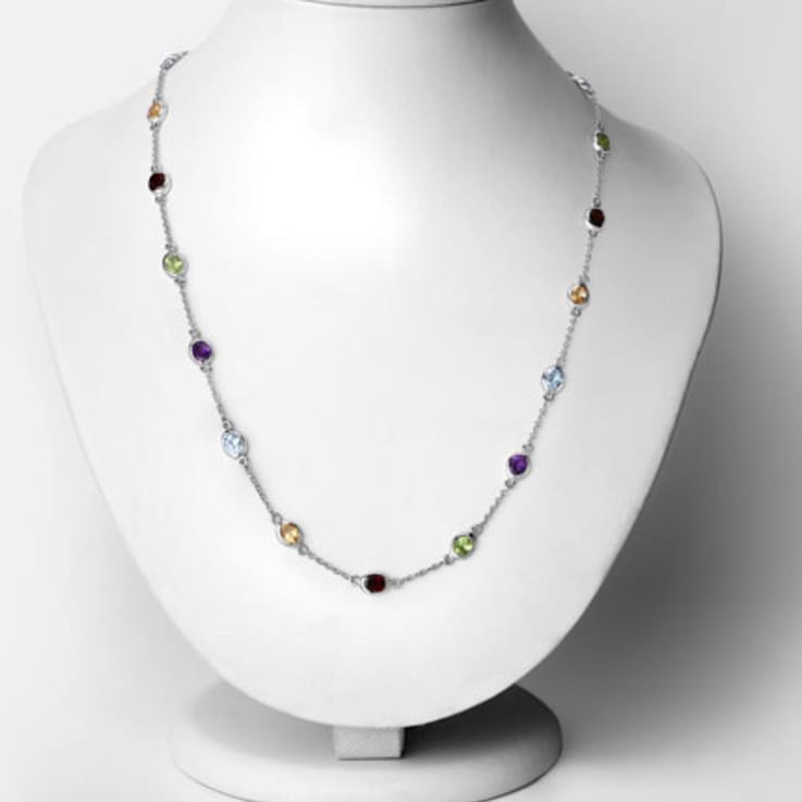 Multi Gemstone Rhodium Over Sterling Silver Station Necklace