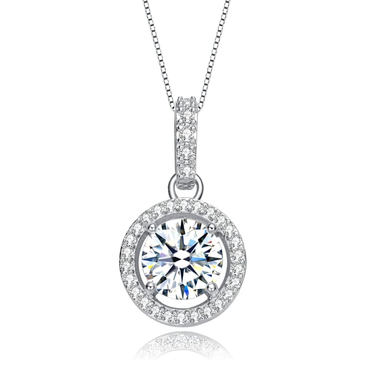CZ Halo Pendant Necklace In White Rhodium Over Brass