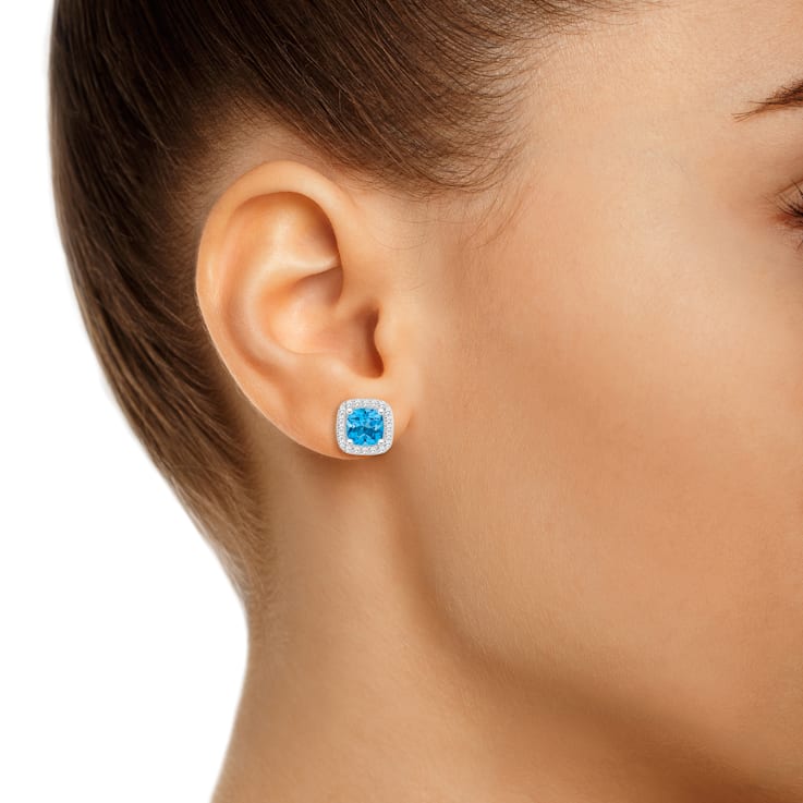5mm Cushion Blue Topaz 1/5 ctw Diamond Rhodium Over Sterling
