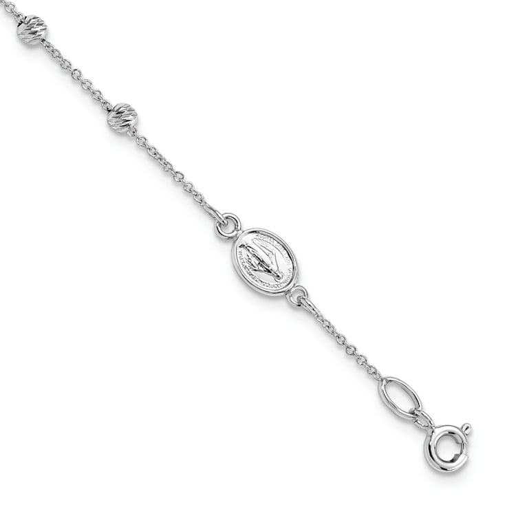Rhodium Over 14K White Gold Diamond-cut Cross and Miraculous Medal 0.75
Inch Extension Bracelet