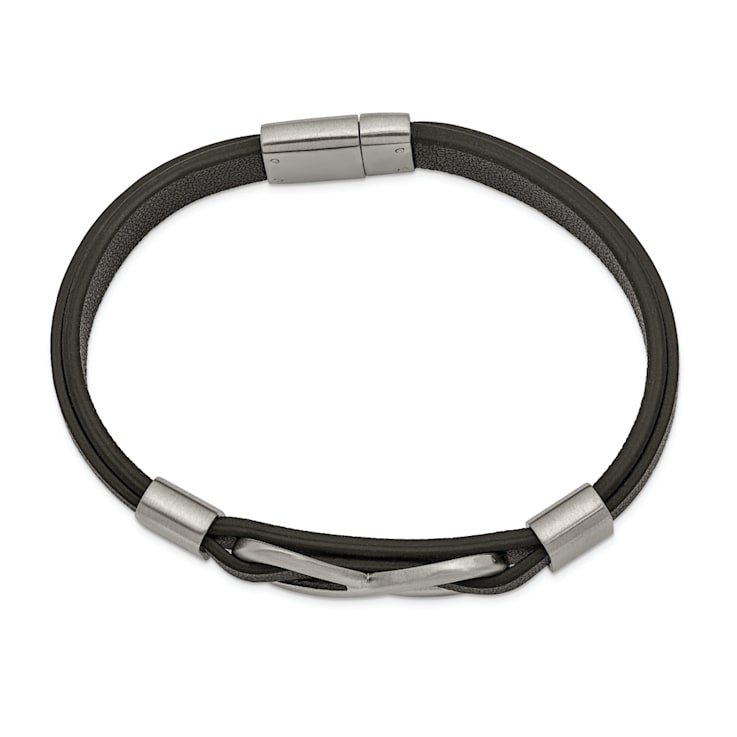 Black Leather and Stainless Steel Brushed and Polished Infinity Sign Bracelet