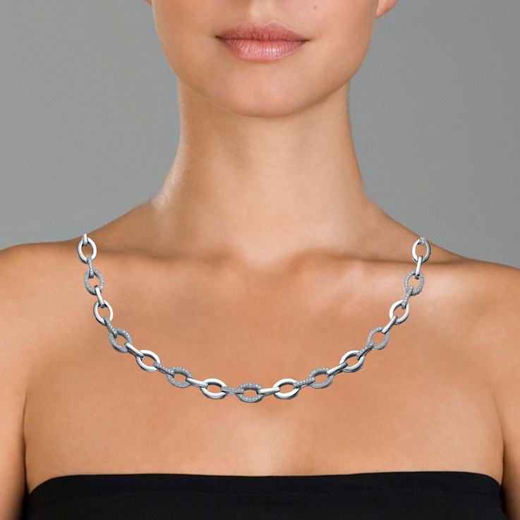 Pave CZ Oval Link Chain Necklace In Sterling Silver 16 Inch