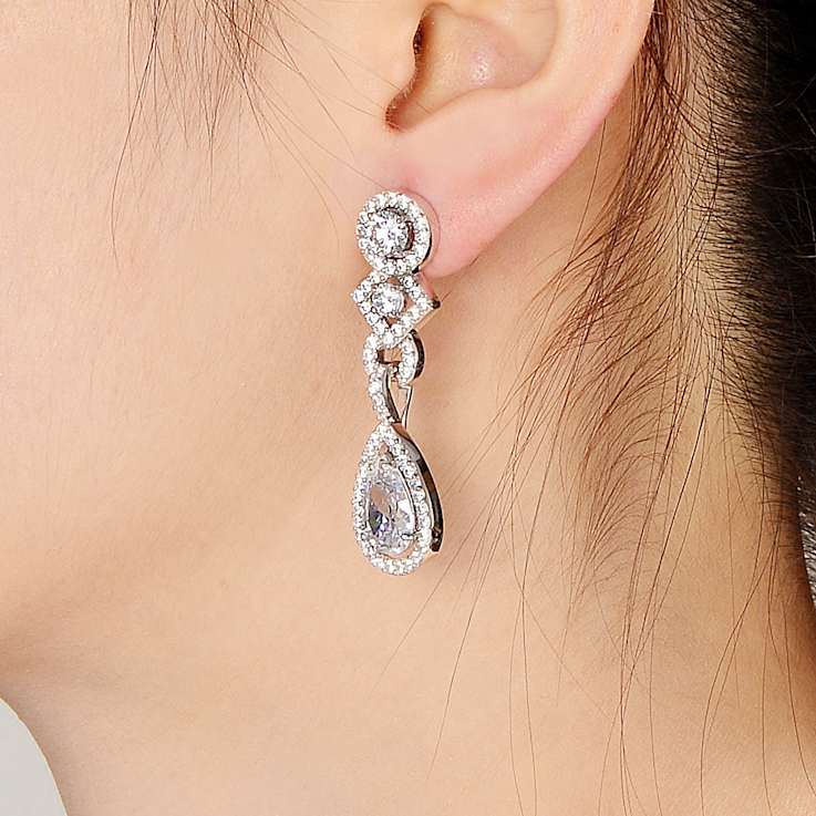 CZ Teardrop Halo Dangle Earrings In Sterling Silver