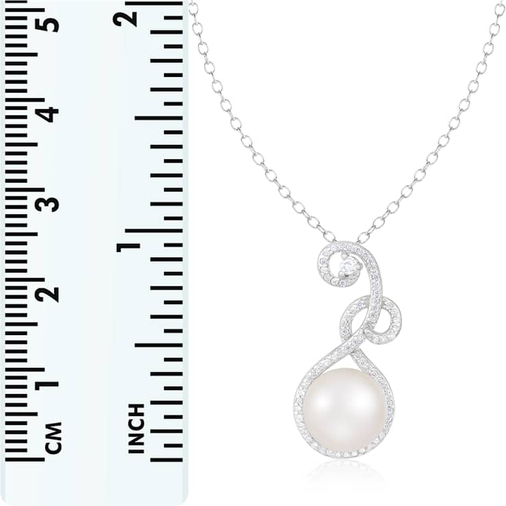 9-10mm Button White Cultured Freshwater Pearl and CZ Rhodium Over
Sterling Silver Pendant