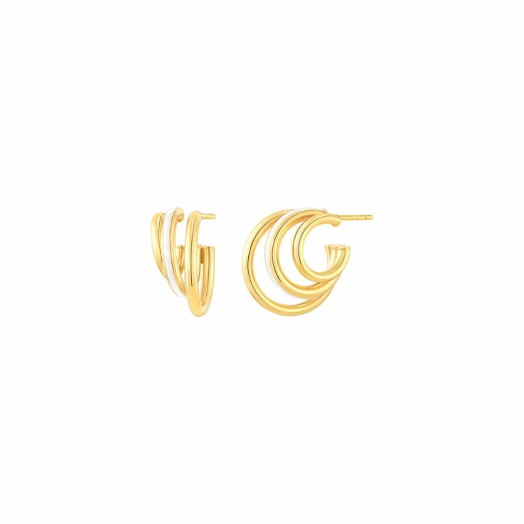 14K Yellow Gold Over Sterling Silver Enamel Triple Hoop Earrings in White