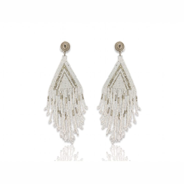 White and Gold Graduated Fringe Seed Bead Earring