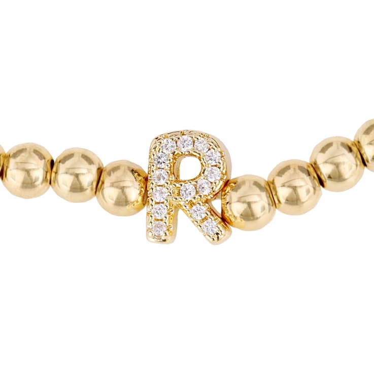 Initial R CZ Beaded Bracelet Set In 14K Gold Over Brass 0.14ctw