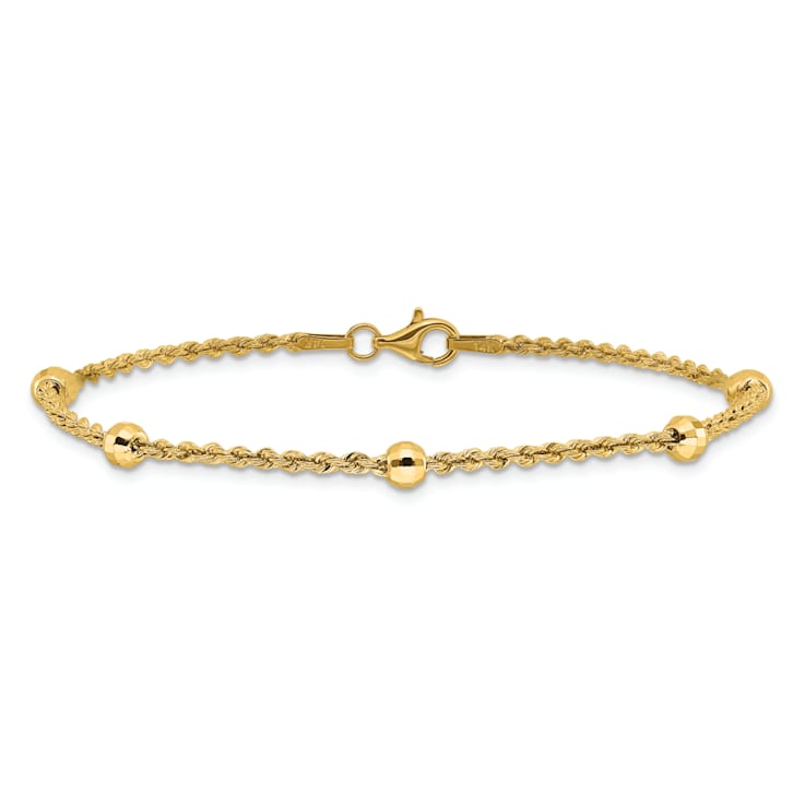 14K Yellow Gold Diamond-cut Beaded Rope Chain Bracelet
