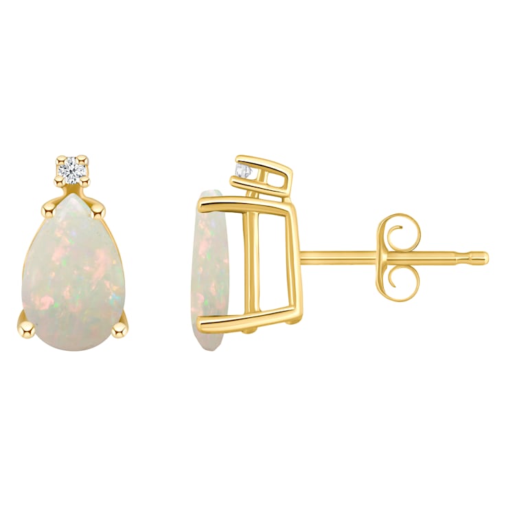 8x5mm Pear Shape Opal with Diamond Accents 14k Yellow Gold Stud Earrings
