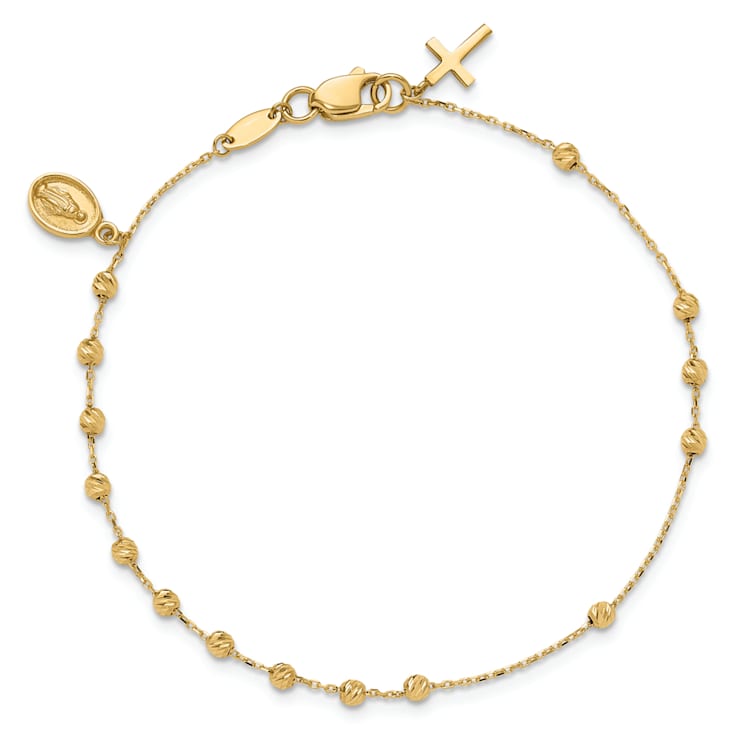 14k Yellow Gold Polished and Diamond-Cut Miraculous Medal and Cross
Rosary Bracelet
