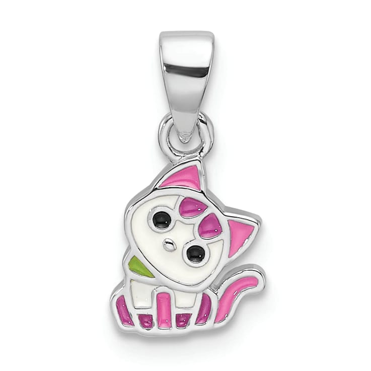 Rhodium Over Sterling Silver Multi-color Enameled Cat Children's Pendant