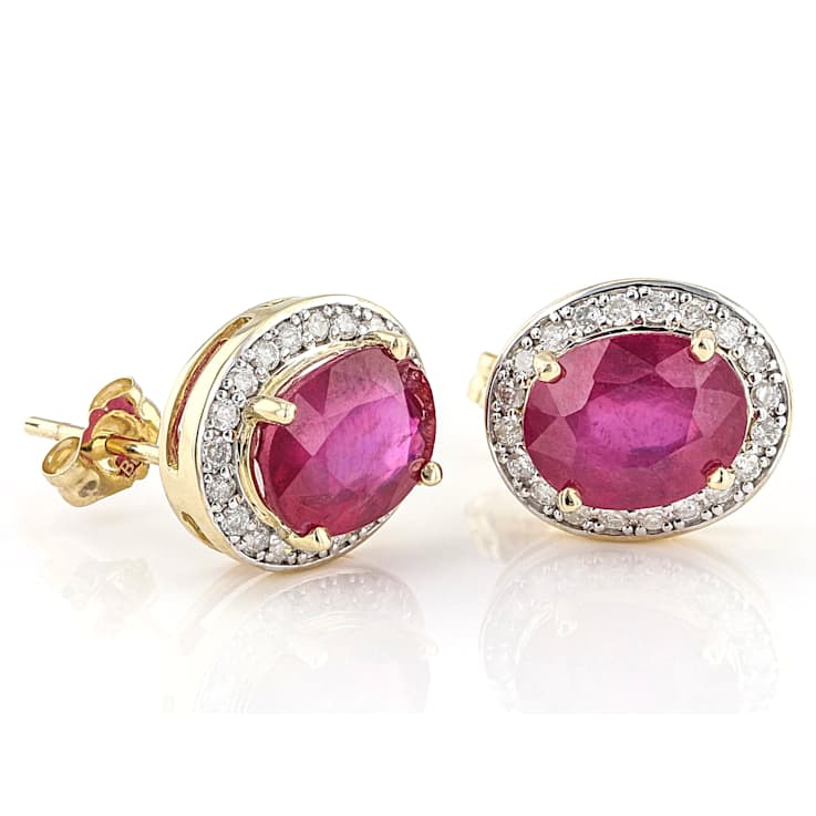 Ruby Oval And White Diamond Stud Earrings In Solid 14K Yellow Gold 3.87ctw