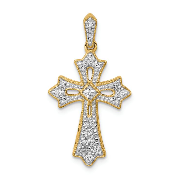 14K Two-tone Gold  Diamond Fleur-De-Lis Cross Pendant