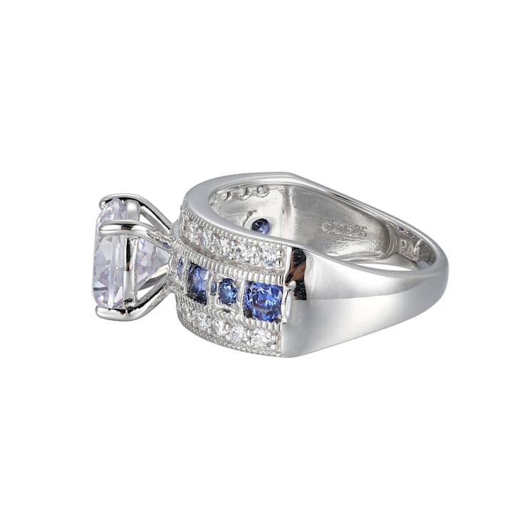 Blue And White Cubic Zirconia Platinum Over Silver Ring 6.21ctw