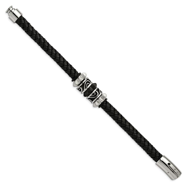 Stainless Steel Antiqued Brushed and Polished Black Ion Plated Leather Bracelet