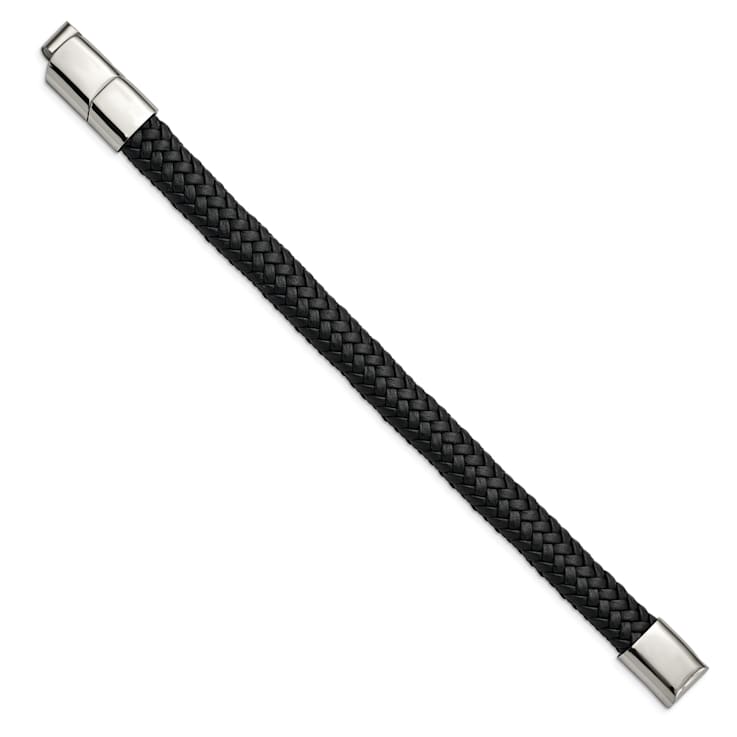 Black Woven Leather and Stainless Steel Polished 8-inch with 0.5-inch
Extension Bracelet