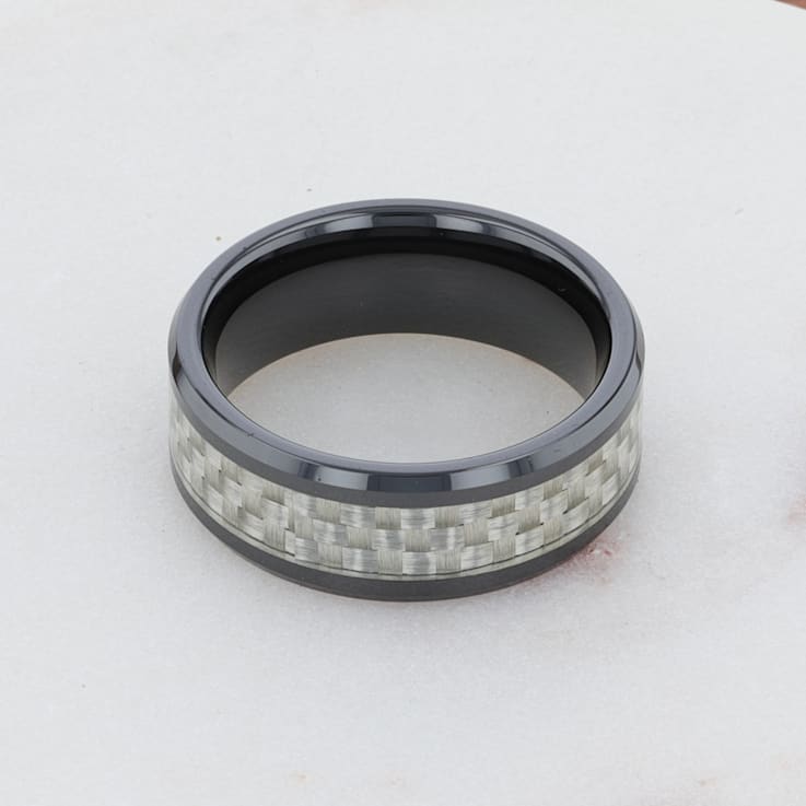 MYSTIQUE Beveled White Carbon Fiber Inlaid Ceramic Ring 8mm