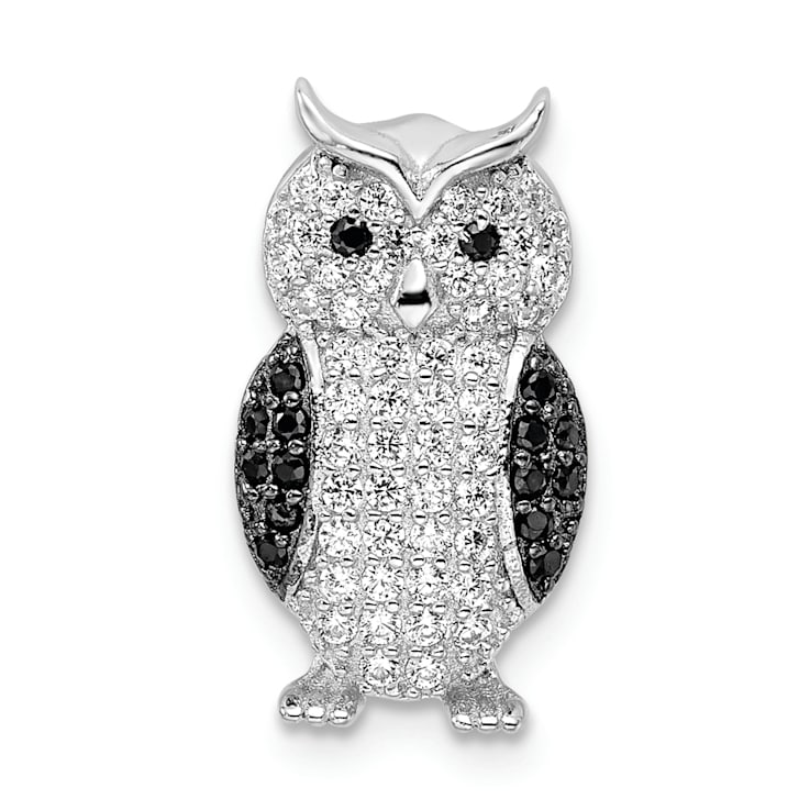 Rhodium Over Sterling Silver Black and White Cubic Zirconia Owl Slide Pendant