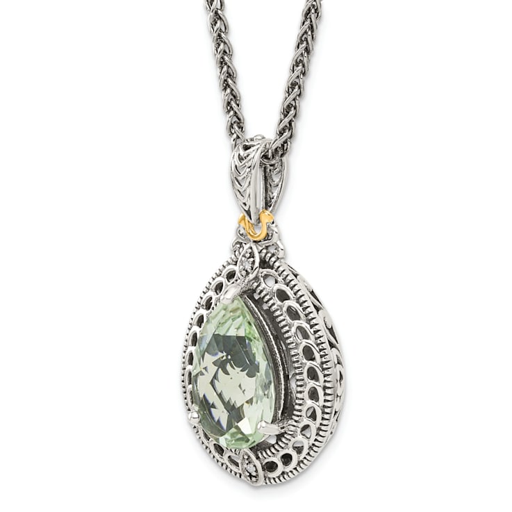 Sterling Silver Antiqued with 14K Accent Diamond and Green Quartz Necklace