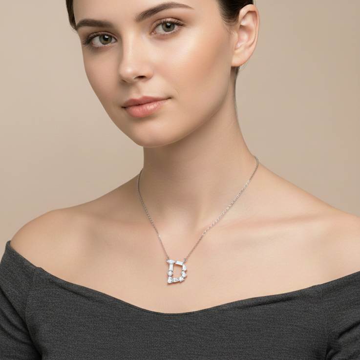 Initial D Mixed Cut CZ Pendant Necklace In Sterling Silver 18 Inch