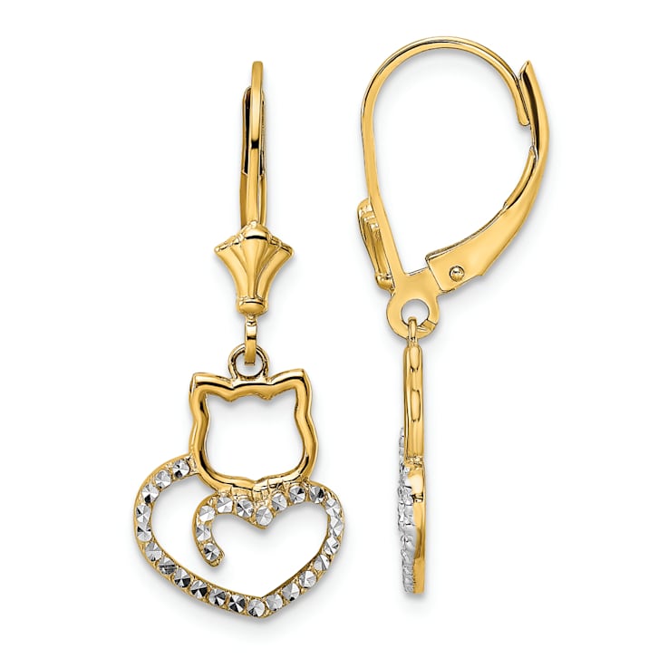 14K Yellow Gold and Rhodium Over 14K Yellow Gold Diamond-Cut Cat Heart
Dangle Earrings