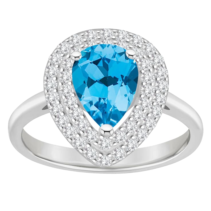 8x5mm Pear Shape Swiss Blue Topaz And White Topaz Rhodium Over Sterling
Silver Double Halo Ring