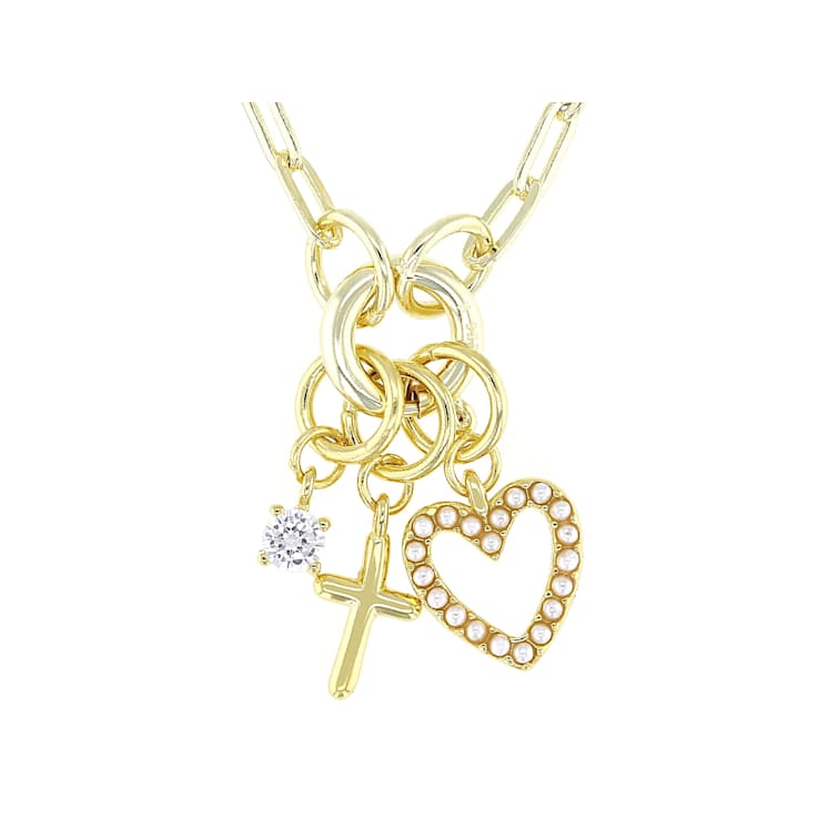 Shell Pearl Heart And Cross Charm Necklace In 18K Gold Over Sterling Silver