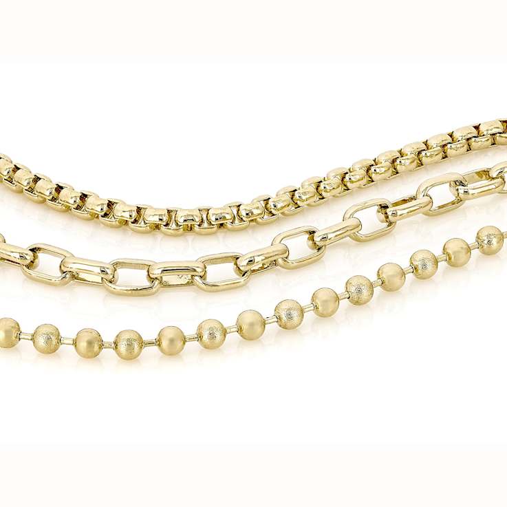 Box, Bead and Rolo Chain Bracelet Set Of 3 In 18K Gold Over Bronze