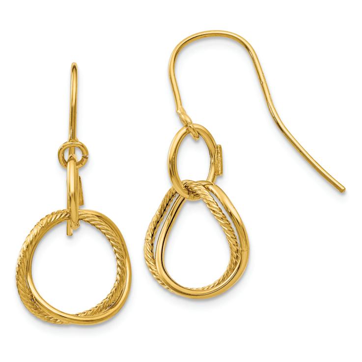 14k Yellow Gold Textured Small Twisted Circle Dangle Earrings