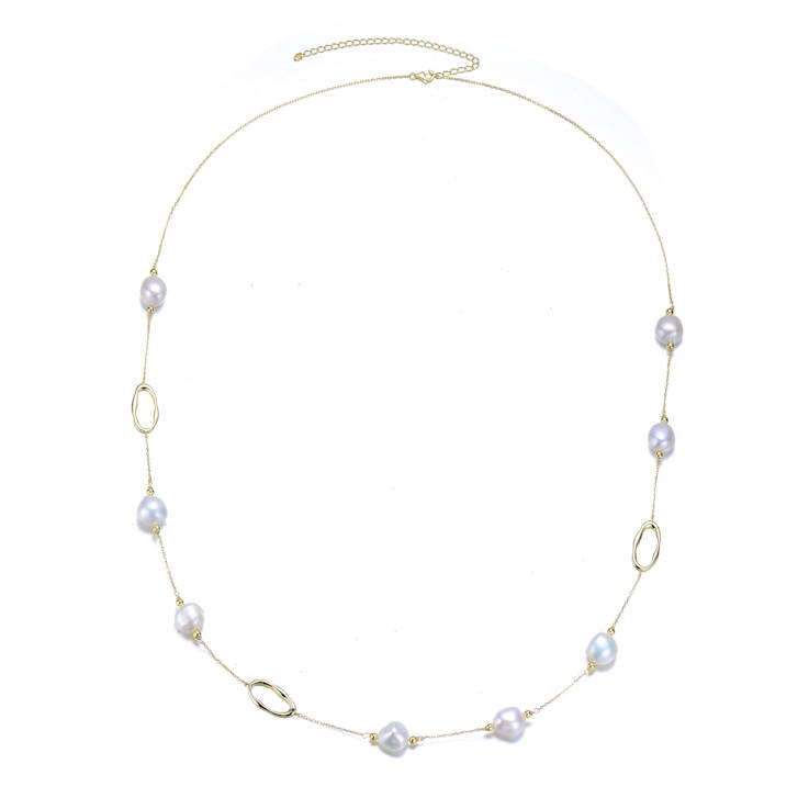 Pear Shape Freshwater Pearl Station Necklace In 14K Gold Over Sterling Silver