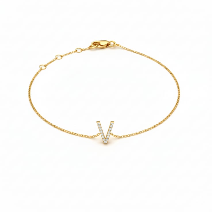 10K Yellow Gold White Diamond V Initial Bracelet for Women with
Adjustable Chain, 0.05ctw