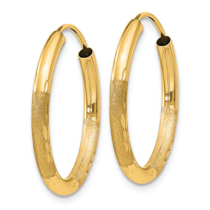 14k Yellow Gold Satin and Diamond-Cut 13/16" Endless Hoop Earrings