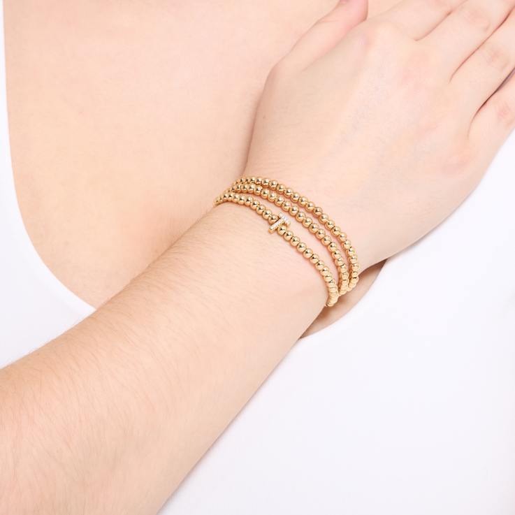 Initial T CZ Beaded Bracelet Set In 14K Gold Over Brass 0.09ctw