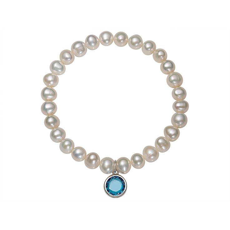 Freshwater Pearl And Blue CZ Charm Stretch Bracelet In Sterling Silver