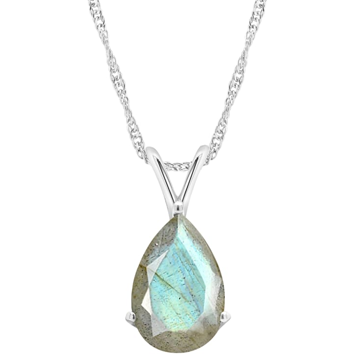 12x8mm Pear Shape Labradorite Rhodium Over Sterling Silver Pendant With Chain