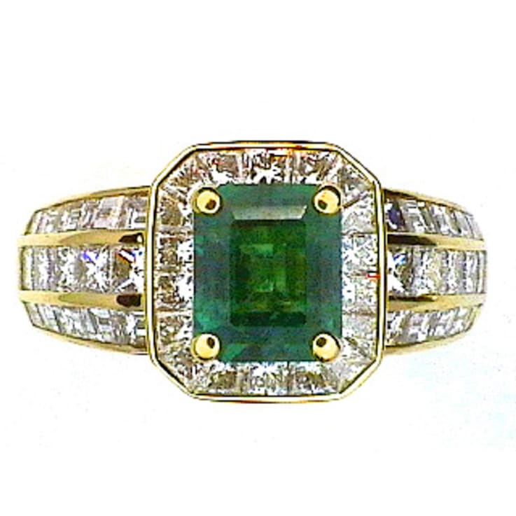 Rectangular Green Emerald and White Diamond 18K Yellow Gold Ring. 4.30 CTW