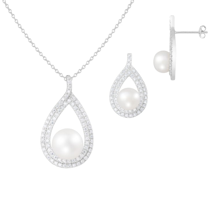 7-11mm Button White Freshwater Pearl and CZ Rhodium Over Sterling
Earring and Pendant W/Chain Set
