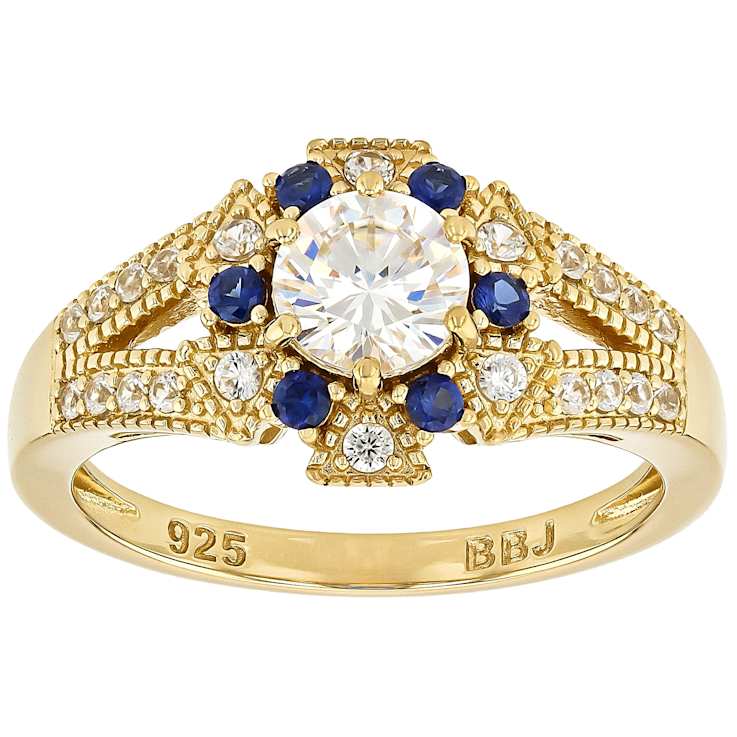 Diamond Simulant, Lab Blue Sapphire And White Zircon Ring In 18K Gold
Over Sterling Silver 1.64ctw